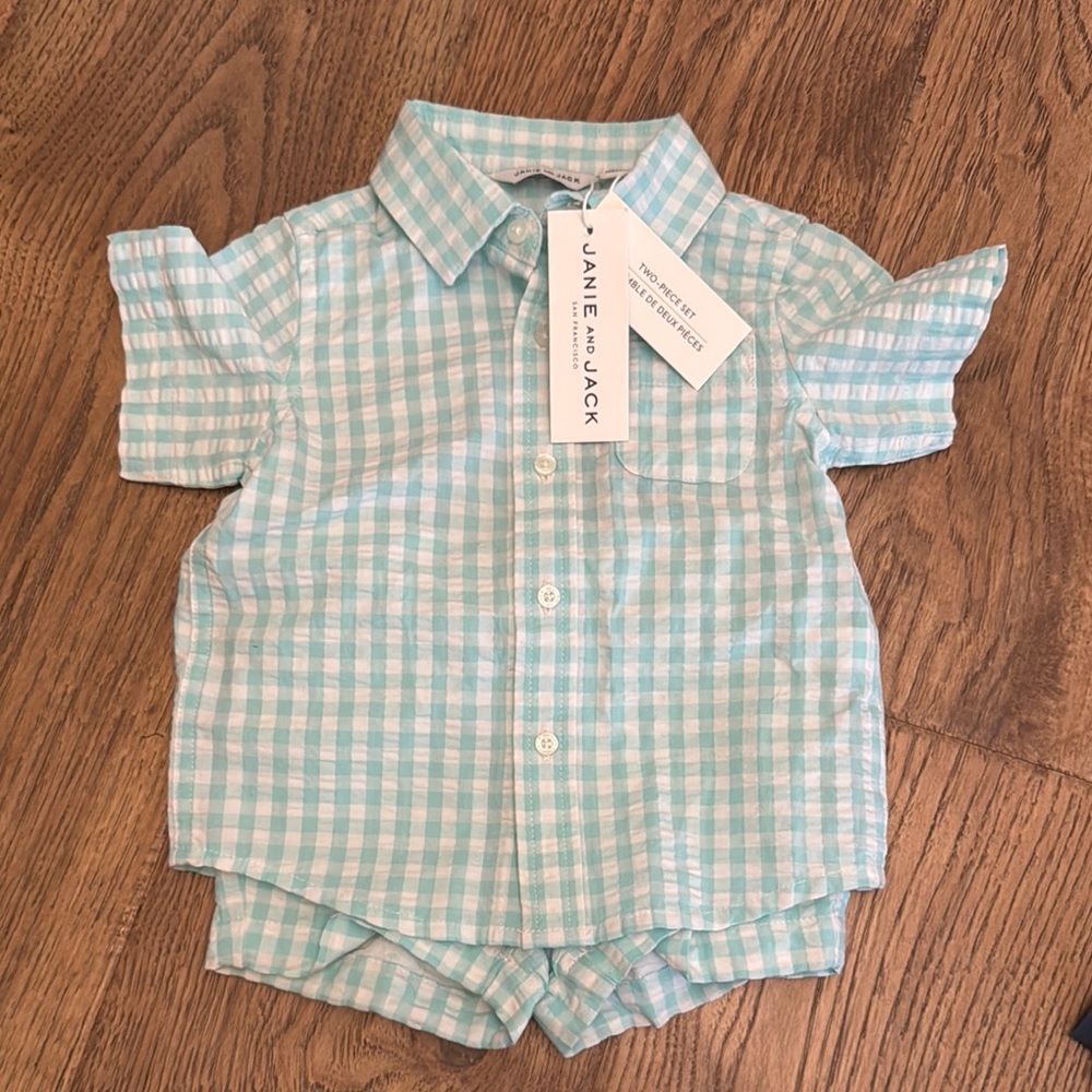 Janie and Jack Aqua Checkered Infant Set